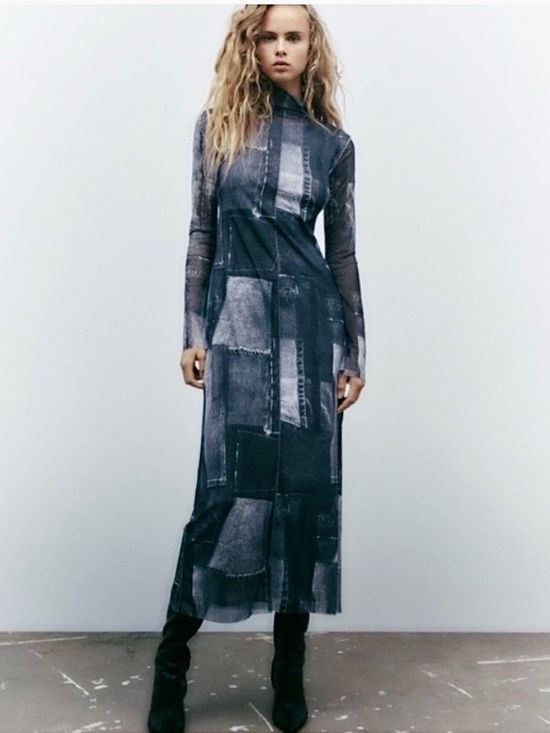 Zara Dresses & Skirts - Zara Patchwork Tulle Mesh Sheer Midi Maxi Dress Gray Blue Denim Look Size XL